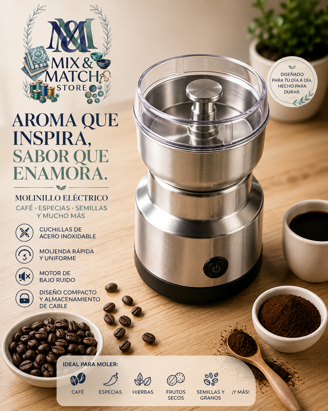 AROMIA GRIND Molinillo eléctrico para café y especias.